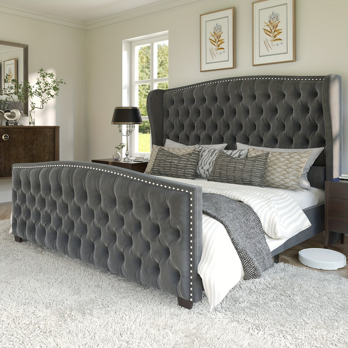 Handcrafted Velvet Bed Frame Featuring a Wingback Headboard, Adorned with Button Tufting And Nailhead Accents, Supported by Wooden Slats.