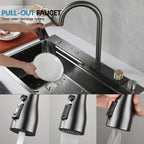 33x22 INCH Nano Black Flying Rain Drop In Stainless Steel Watefall Kitchen Sink Single Bowl with Pull Down Faucet Set Accessories Included