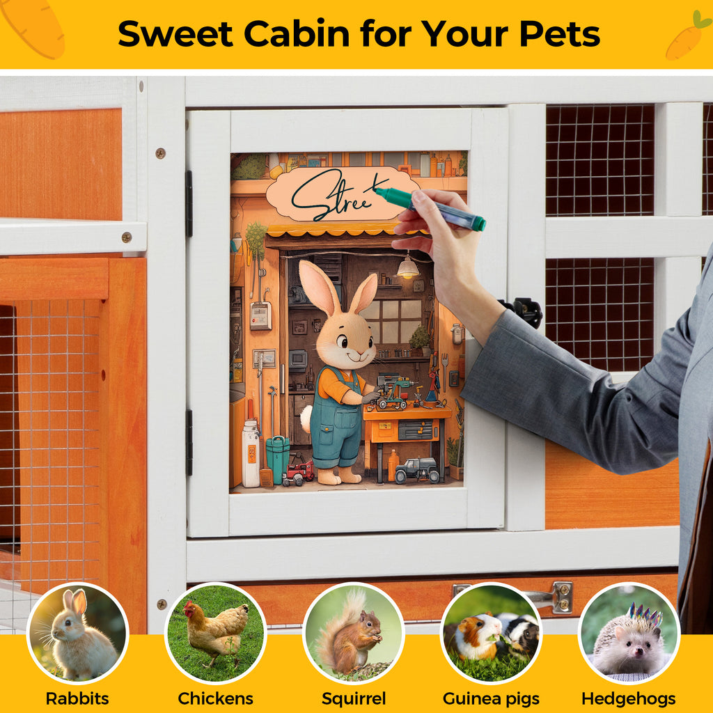 2-Tier Wood Rabbit Hutch, Indoor Outdoor Small Animal House with Removable Tray, Ramp, Openable Roof, Bunny Cage, Grey/Orange with Colorful Patterns