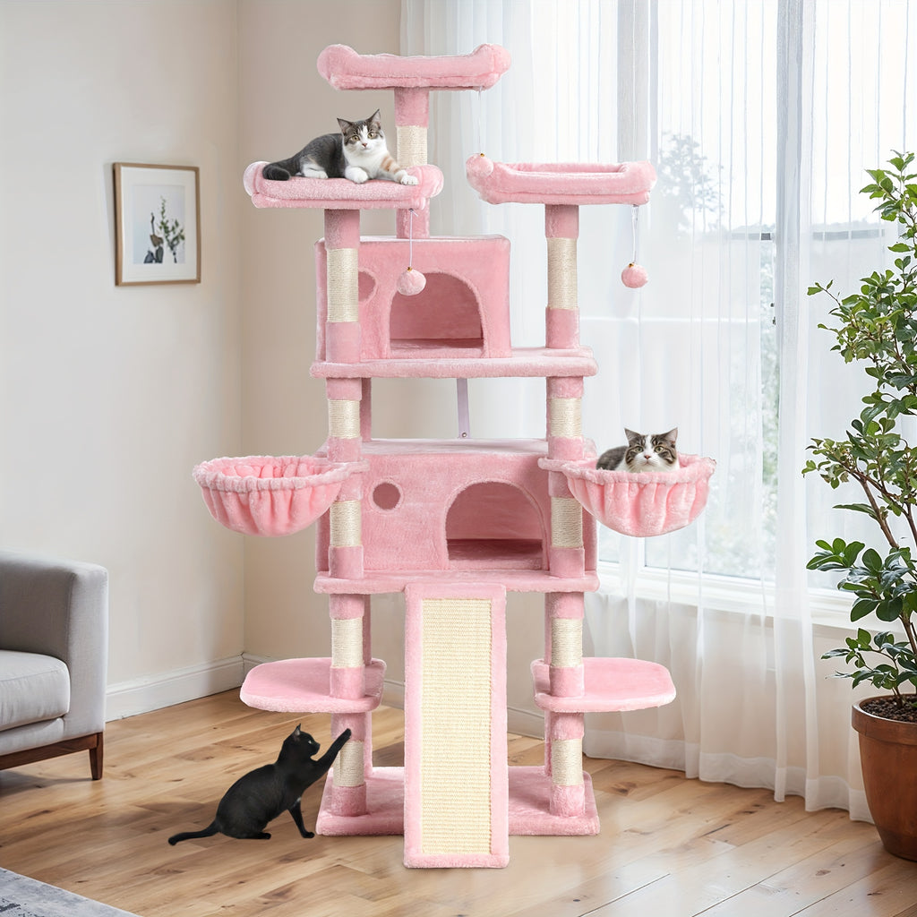 HOOMIC 68-Inch Multi-Level Cat Tree Tower for Large Cats/Cat Condo/Cozy Plush Cat Perches/Sisal Scratching Posts/Baskets/Wide Base Board/Cat Activity Center/Dark Grey/Grey/Beige/Pink/Leopard Print