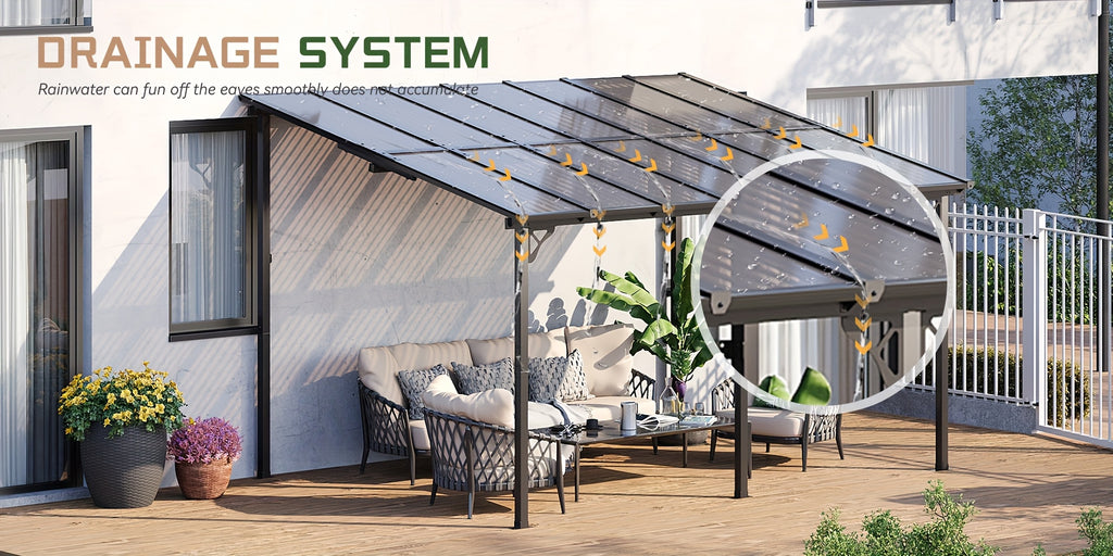 Wall-Mounted Hardtop Gazebo with Polycarbonate Roof — Lean-To Aluminum Patio Cover in Five Size Options