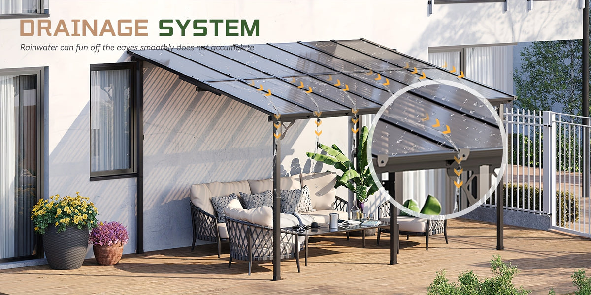 Wall-Mounted Hardtop Gazebo with Polycarbonate Roof — Lean-To Aluminum Patio Cover in Five Size Options