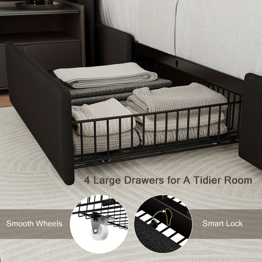 Halence 4 Drawers Storage Bed Frame With Wingback Headboard, Headboard With Built-in Charging Design, Metal And Hardwood Support, Easy Assembly, Suitable For Master Bedroom, Bed Frame Without Mattress