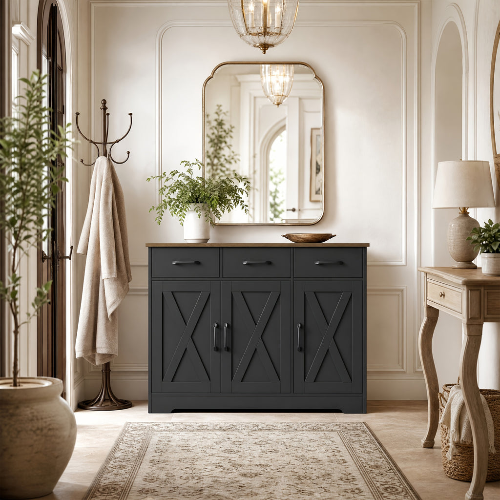 FULTRU Modern Farmhouse Cabinet with Barn Door & Sliding Panel Doors Suitable for Kitchen, Dining Room Storage, Freestanding Buffet Furniture with Drawers and Open Shelves, Assembly Required, Multifunctional Sideboard