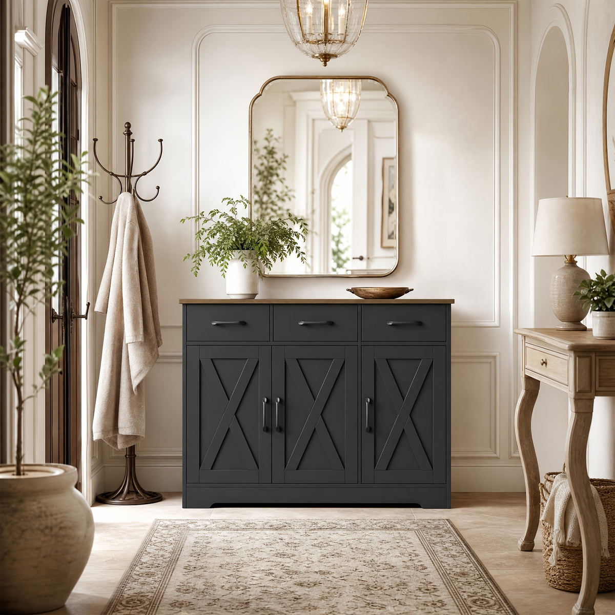 FULTRU Modern Farmhouse Cabinet with Barn Door & Sliding Panel Doors Suitable for Kitchen, Dining Room Storage, Freestanding Buffet Furniture with Drawers and Open Shelves, Assembly Required, Multifunctional Sideboard