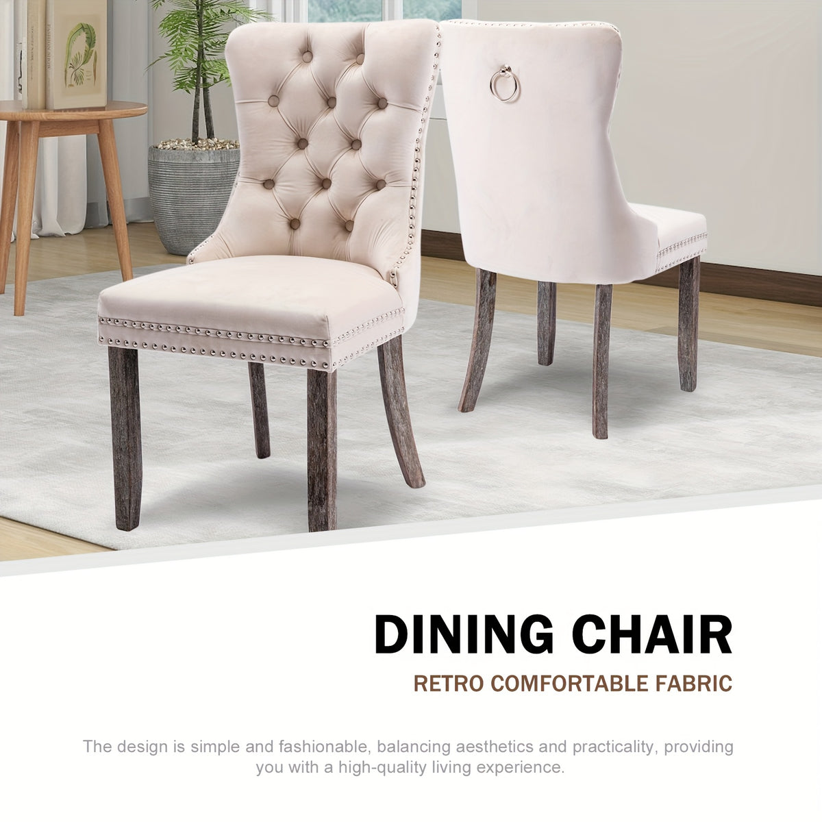 Velvet Upholstered Dining Chairs Set Of 2, Wingback Dining Room Chairs with Ring Pull Trim And Button Back, Luxury Tufted Dining Chair for Living Room, Bedroom, Kitchen