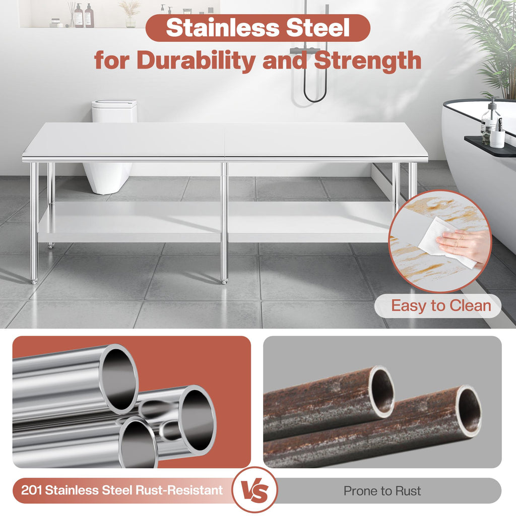 30×48–30×108 Inch Stainless Steel Commercial Work Table with Rounded Corners Adjustable Shelf And Feet for Kitchen Garage Gardening
