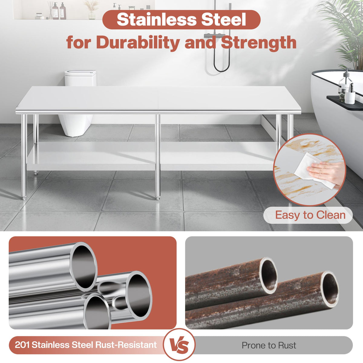 30×48–30×108 Inch Stainless Steel Commercial Work Table with Rounded Corners Adjustable Shelf And Feet for Kitchen Garage Gardening