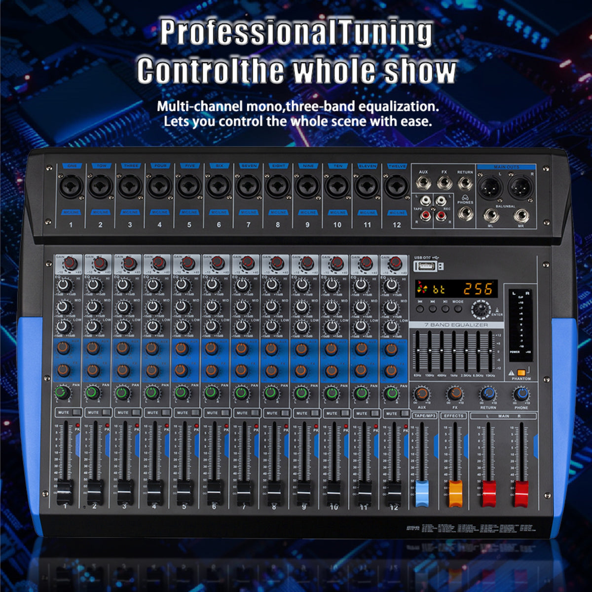 [Audio Mixer Board] 8/12 Channel Audio Mixer Board with Mobile Wireless Control, 48V Phantom Power, 250+ Sound Effects & 3-Band EQ Suitable for Karaoke, Live Band, Stage, Conference,, for Theater, Pub, Party, Recording System