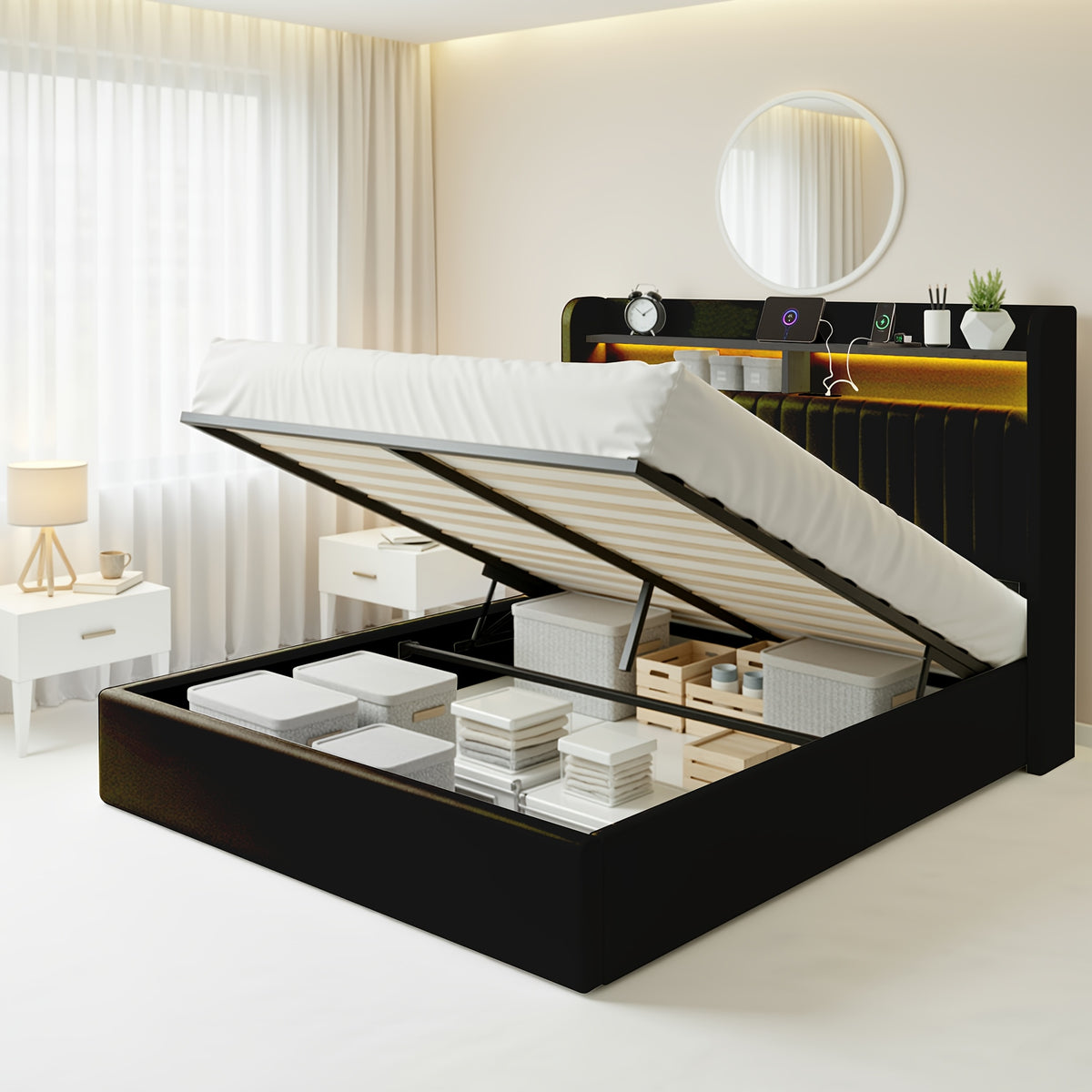 WEEWAY Lift Up Storage Bed Frame, Velvet Vertical Channel Headboard, LED Light And Charging Station, Hydraulic Support, Noise-Free Wooden Slats, No Box Spring Needed, Bedroom Furniture, Masterroom, Guestroom, White, Black, Cream, Grey, Free Shipping