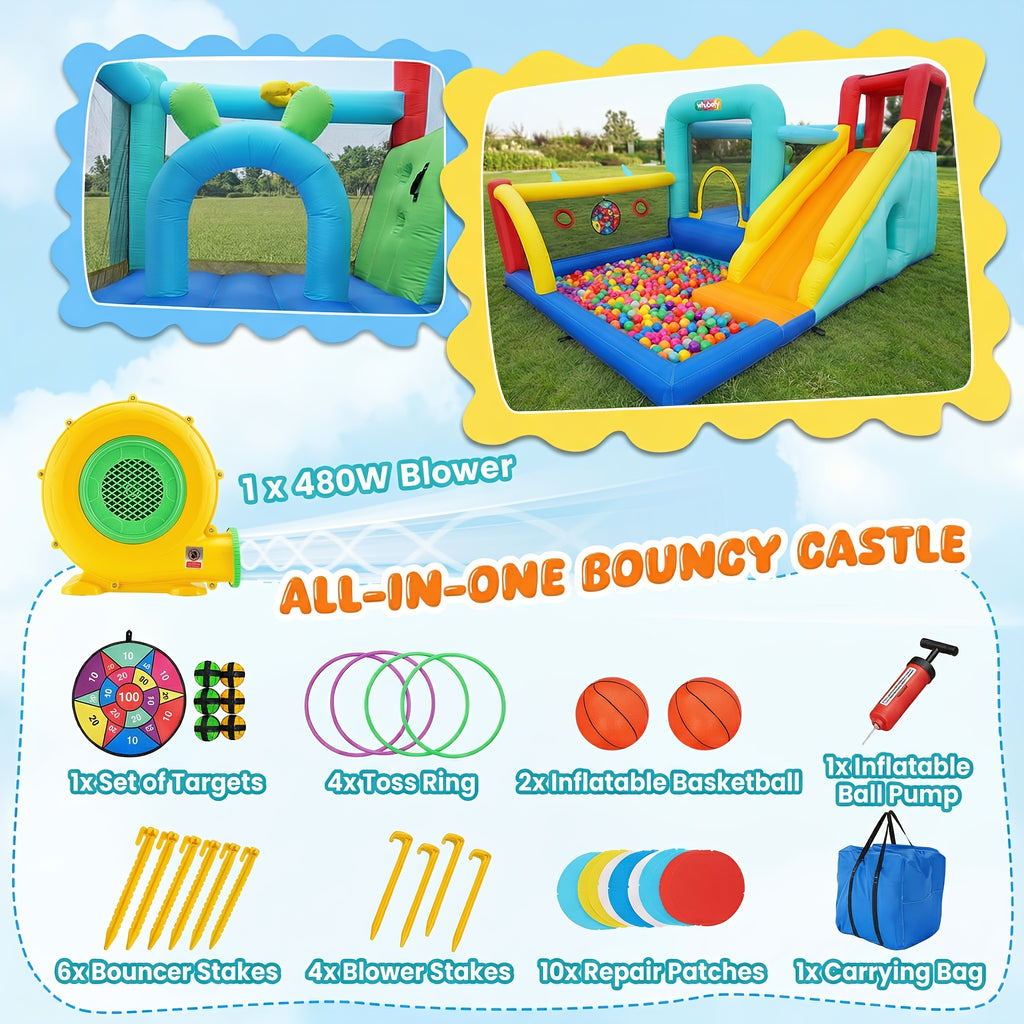 Inflatable Bounce House with Blower for Indoor Outdoor, Rabbit Ears Center Obstacle Bouncy Castle with Ball Pit/Splash Pool, Air-Filled Jumping Bouncer with Center Obstacle/Tunnel/Climbing Wall/Dartboard/Ring Toss/Ball Holes/Hoop