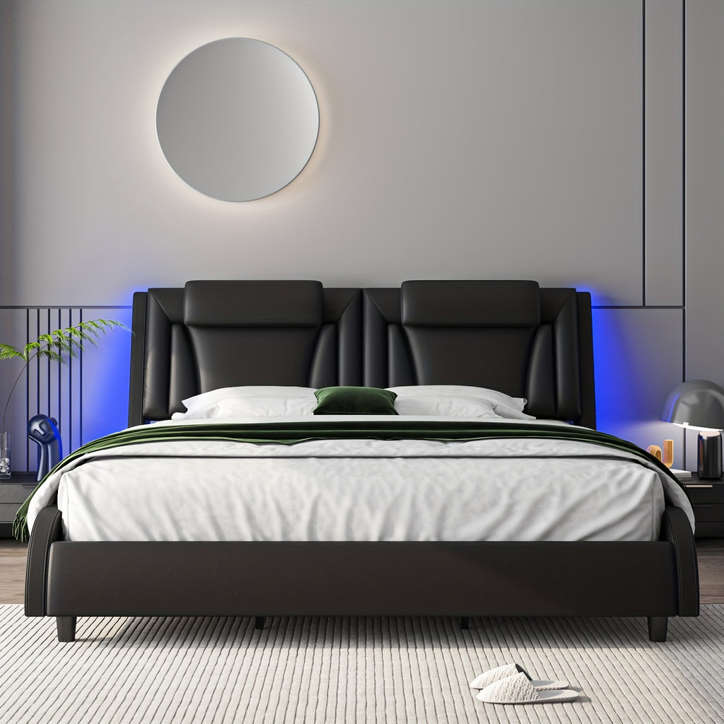 Upholstered Bed Frame Available in Full, Queen, And King Sizes Featuring an Adjustable Headboard, a Wavy Design, a Removable Backrest, And Solid Wooden Slats for Support, Eliminating The Need for a Box Spring, Offered in Faux Leather in White