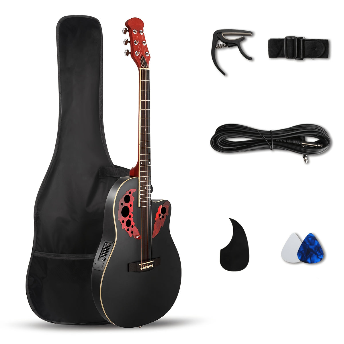 Acoustic-Electric Guitar — Bonnlo 41-Inch Cutaway Full-Size Starter Kit in Blue or Black, AMP Options