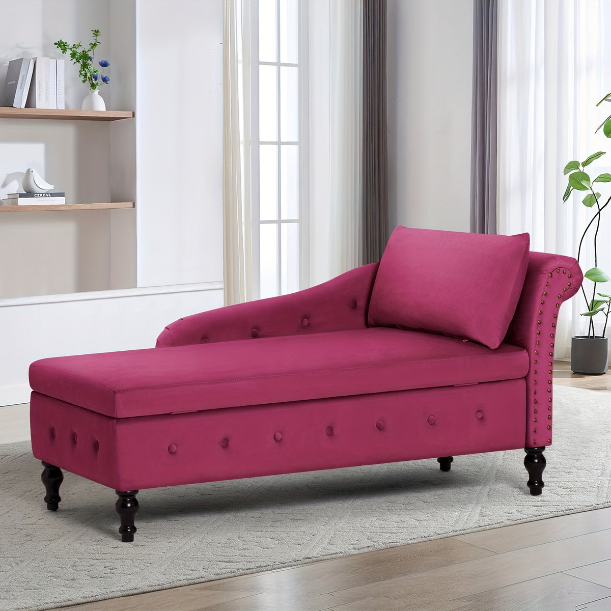 ACMEASE 57" Velvet Upholstered Storage Chaise Lounge With Pillow, Nailhead Trim Chaise Sofa For Living Room