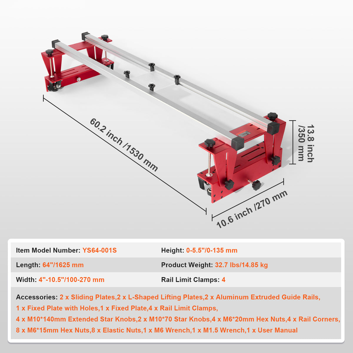 VEVOR Router Sled Adjustable Wood Slab Flattening Mill Router Jig 64" Length