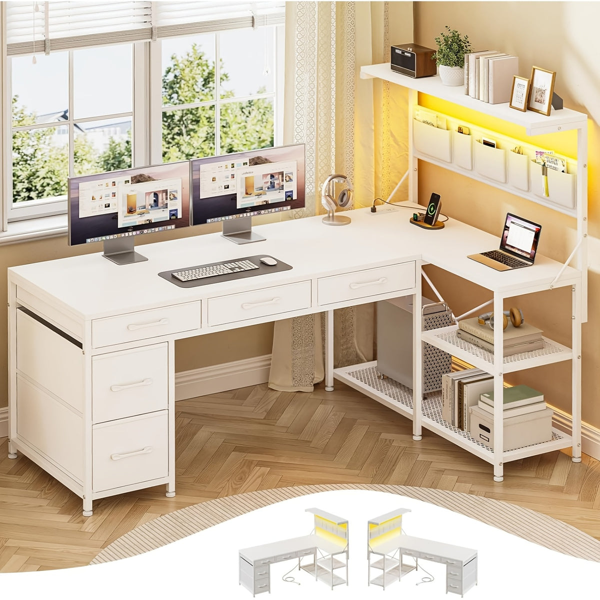 L-Shaped Computer Desk for Small-Space Work and Gaming, Featuring Reversible Shelves and App-Controlled RGB Lights