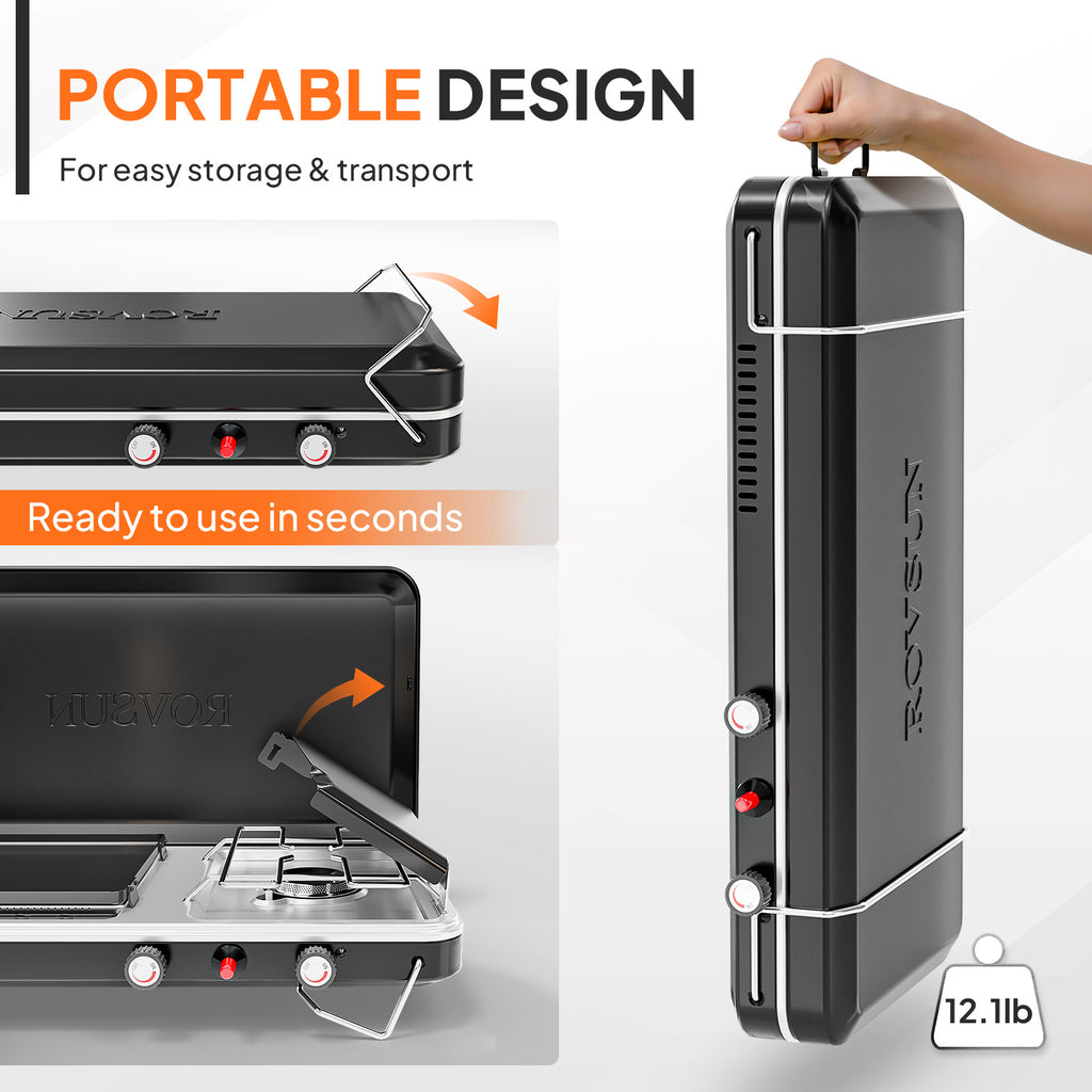 MEFEIR 2-in-1 Camping Stove with Propane Oven, Portable 2 Burner Stove & Outdoor Oven Combo with Auto-ignition & Thermometer for Camping Backyard Picnic