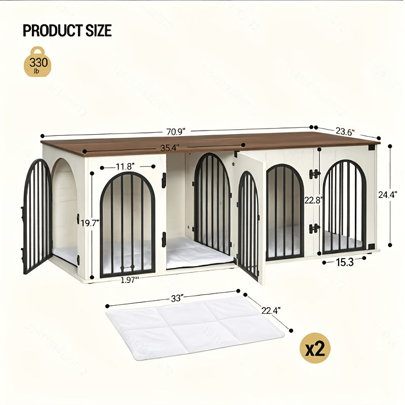 71" Heavy Duty Dog Kennels | Wooden Dog Crate Furniture for 2 Dogs, Small/Medium/Large, with Divider, Pads, Side Table, TV Cabinet, Anti-Chew, Anti-Escape, Black Golden/Greige/White/White Brown - HZUANERI