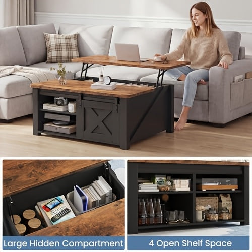 Courtyard Coffee Table, Lift Top Coffee Table with Hidden Storage, Wooden Square Center Table with Adjustable Shelves, Multifunctional Living Room Furniture for Home & Apartment
