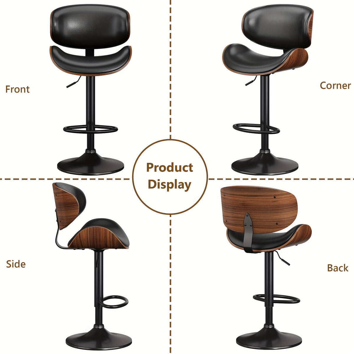 3pcs Modern Faux Leather Upholstered Bar Stools, 360° Swivel Adjustable Height with Backrests, Metal Tall Bar Stools Counter Height for Kitchen Island, Hydraulic Island Barstools