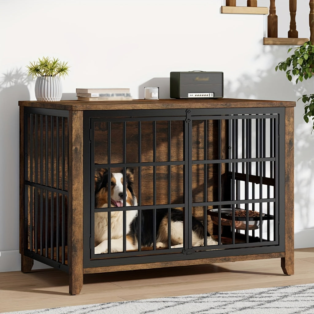 75/36/30in Furniture-Style Dog Crate with 360° Rotating Bowls, Adjustable Height, Safe Lock, Easy to Clean, Available In Gray/Brown, M, L, XL Sizes for One Or Two Dogs, Ideal for Home, Living Room Or Bedroom