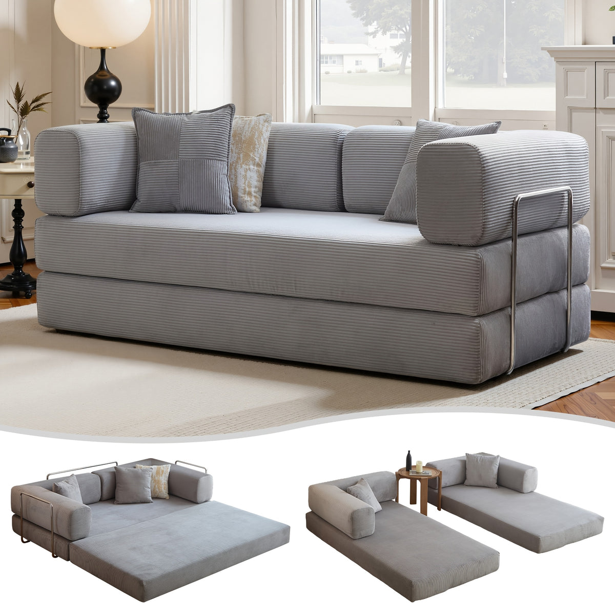 Convertible Floor Sofa Bed, Memory Foam Seating and Folding Armrests for Apartments and Guest Rooms