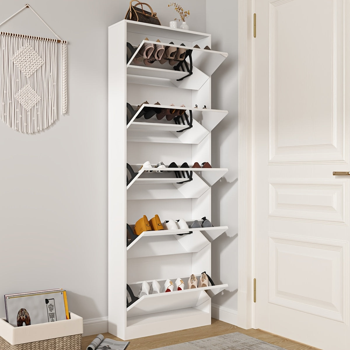 Organizedlife 1 Set Modern Shoe Cabinet with Full Length Mirror, Freestanding Shoe Rack Storage Organizer with 5 Flip Drawers, 3 2 Tier Shoe Closet for Entryway, Dressing Room