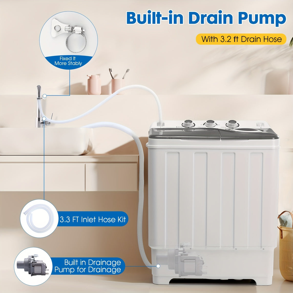 PLENTORA Portable Washing Machine Twin Tub - 28Lbs Compact Washer (18Lbs) And Dryer (10Lbs) Combo with Drain Pump - Mini Laundry Machine for Apartments, Dorms, Rvs, And Camping