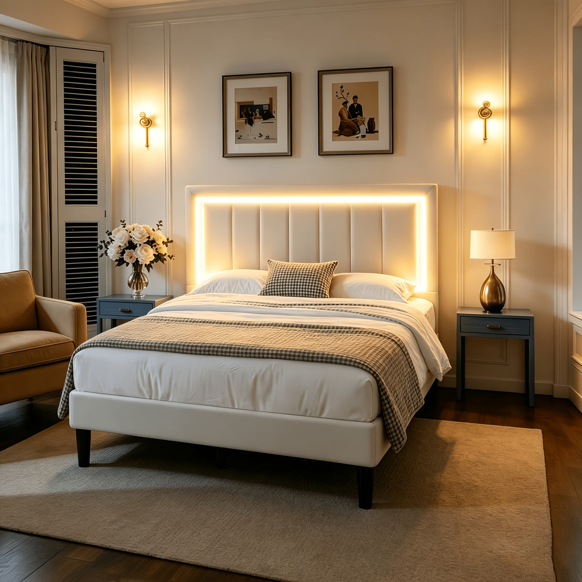 Twin Full Queen Size Bed Frame with LED Lights, Upholstered Queen Size Bed Frame with Headboard And Footboard, Heavy Duty Wood And Metal Slats Support, Noise-Free, No Box Spring Needed, Queen Bed Easy Assembly, Black, White, Pink