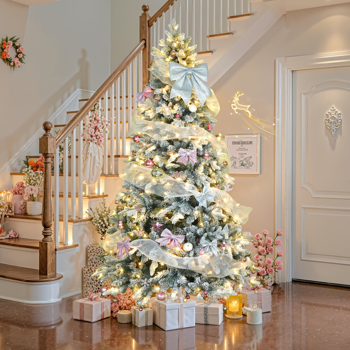 9ft Prelit Snow Flocked Artificial Christmas Tree with Multifunctional Remote, 8 Lighting Modes and 10 Brightness Musical Xmas Tree with Auto-Off Timer, 360 Degree Rotating Base Christmas Tree for Holiday Decorations