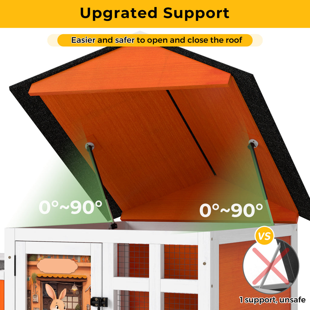 2-Tier Wood Rabbit Hutch, Indoor Outdoor Small Animal House with Removable Tray, Ramp, Openable Roof, Bunny Cage, Grey/Orange with Colorful Patterns