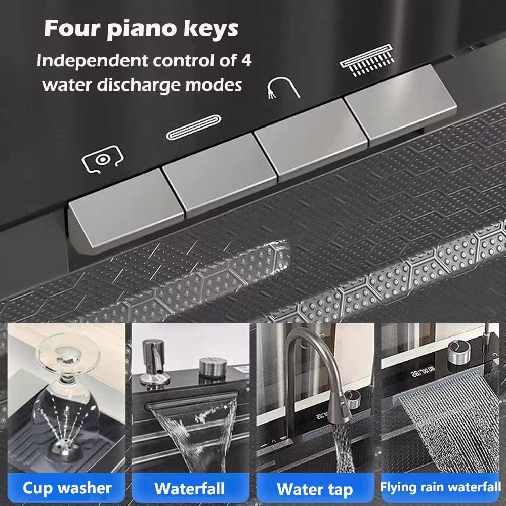 BRONCHO 33X22 INCH Two Waterfalls Nano Kitchen Sink, Stainless Steel Smart Kitchen Sinks, Multifunctional Workstation Kitchen Sink with Digital Display Pull-Out Faucet and Accessories