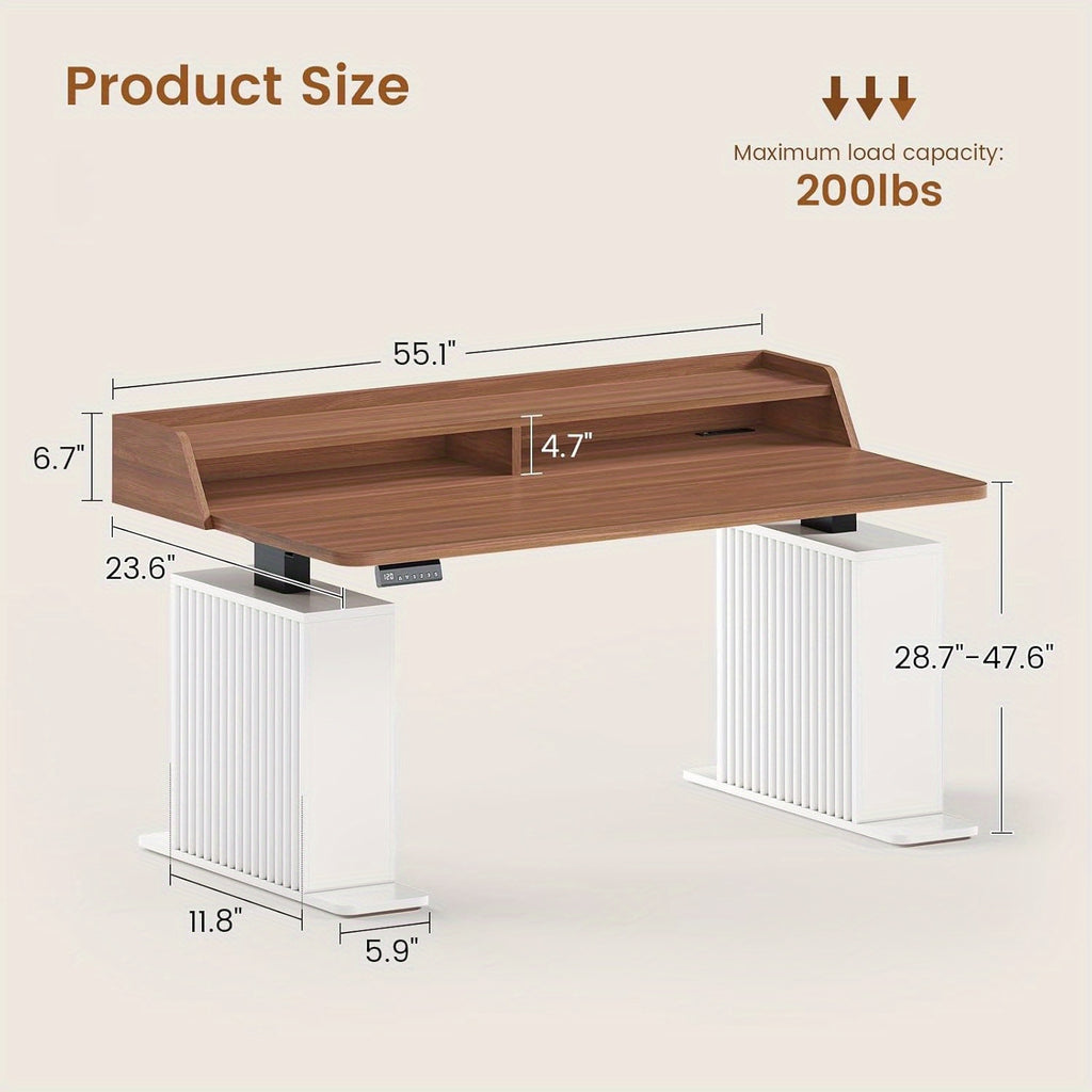 Farmhouse Standing Desk with Storage--55" Height Adjustable Home Office Desk with Power Outlets & LED Lights--Fluted Design Computer Desk with Monitor Stand--Perfect for Modern Home Office Decor--Stylish and Functional Workspace Solution--White/Brown