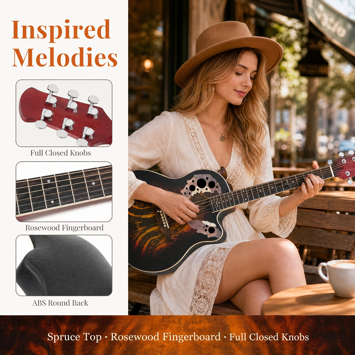 [Ideal Gift] 41-Inch Full-Size Guitar With Grape-Shaped Soundhole, Spruce Top, And Mahogany Fingerboard - Sunset Red Finish, Enhanced Tone And Playability, Suitable For All Music Styles, Ideal For Beginners And Guitarists. The Perfect Gift