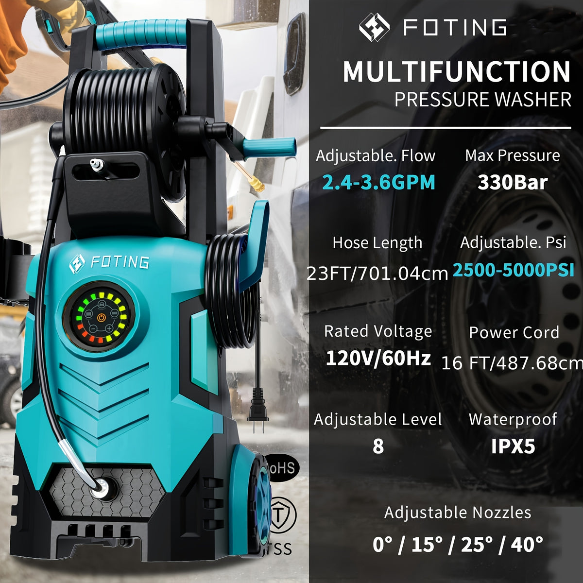 2026new Pressure Washer 5000PSI 2.4GPM-3.6GPM with Adj-8-Level Touch Screen, 34" Tall Power Washer, 4 Quick Connect Nozzles, Inlet Hose&Filterfor Cars/Fences/Driveways