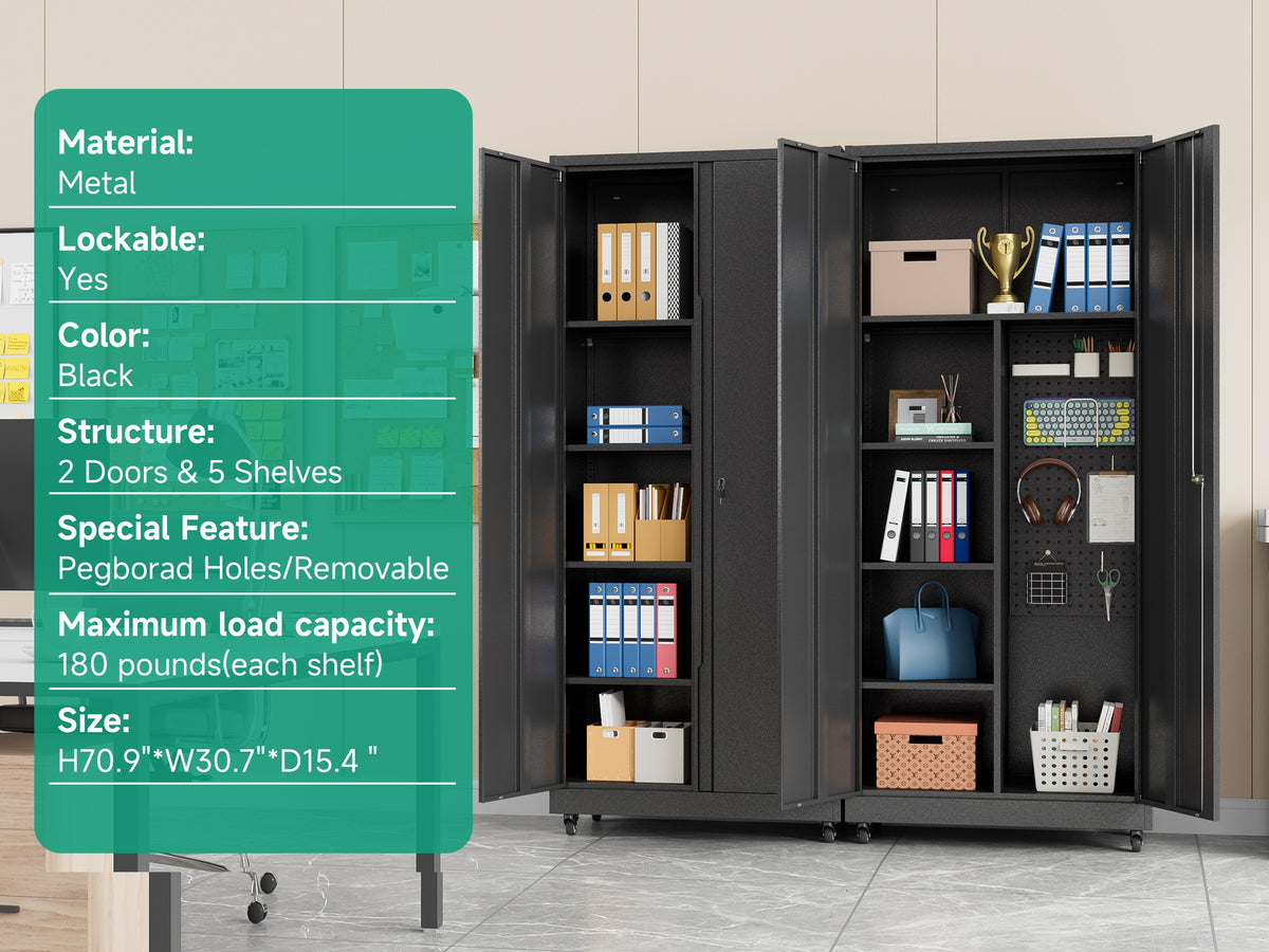 Metal Storage Cabinet with 4 Wheels, 71" H Metal Garage Cabinet, Broom Closet Storage Cabinet with Adjustable Shelves, Tool Storage Cabinets for Garage, Utility Room