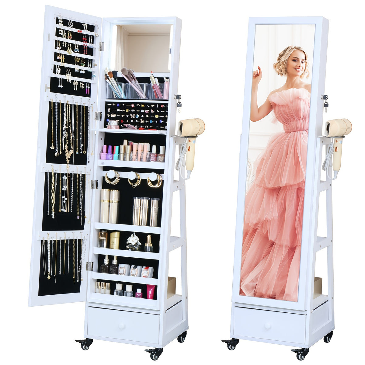 Mirrored Jewelry Cabinet for Full-Length Dressing, Lockable Storage and a Mobile Vanity Station
