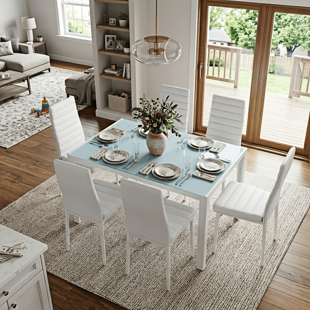 Modern 7pcs Glass Dining Table Set: 51" Rectangular Kitchen Table with 6 Ergonomic PU Leather Chairs for Dining Room & Living Room