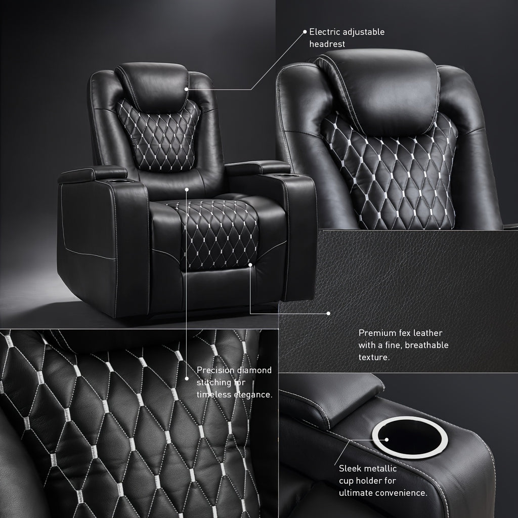 Power Recliner Chair with USB Ports And Cup Holders - Overstuffed Electric Home Theater Seating Faux Leather Reclining Furniture with Hidden Arm Storage, Easy to Clean (Black)