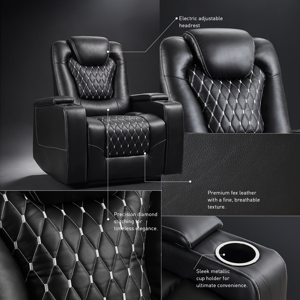 Power Recliner Chair with USB Ports And Cup Holders - Overstuffed Electric Home Theater Seating Faux Leather Reclining Furniture with Hidden Arm Storage, Easy to Clean (Black)