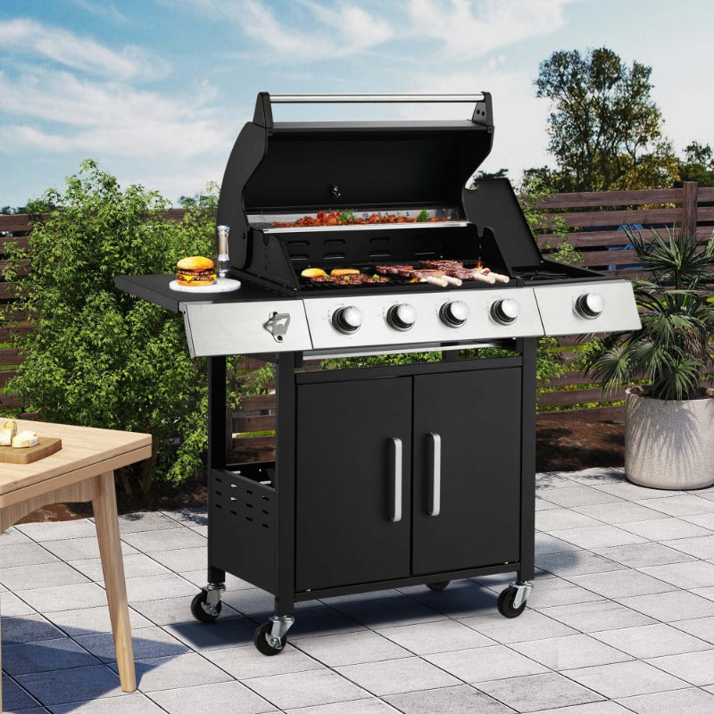 Grill with Side Burner & Cast Iron Grates, Lockable  Wheels, Barbecue Grill with 395 Square Inches Large Cooking Area, Camping Grill for Barbeque and Outdoor Cooking, Black