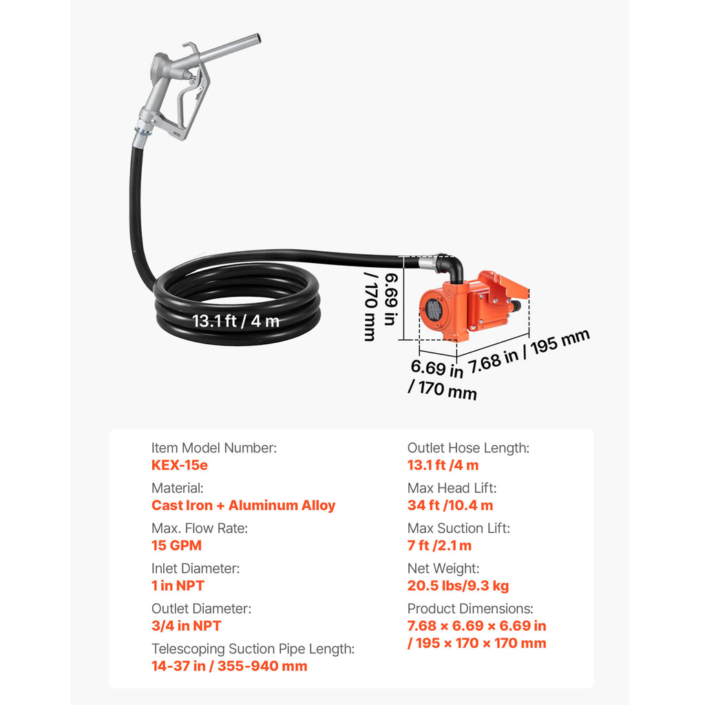 VEVOR Fuel Transfer Pump, 12V DC 15 GPM, Cast Iron Diesel Transfer Pump Kit, with Manual Nozzle, Discharge Hose, Overheat Protection, Power Cable, for Gasoline Diesel Kerosene & More