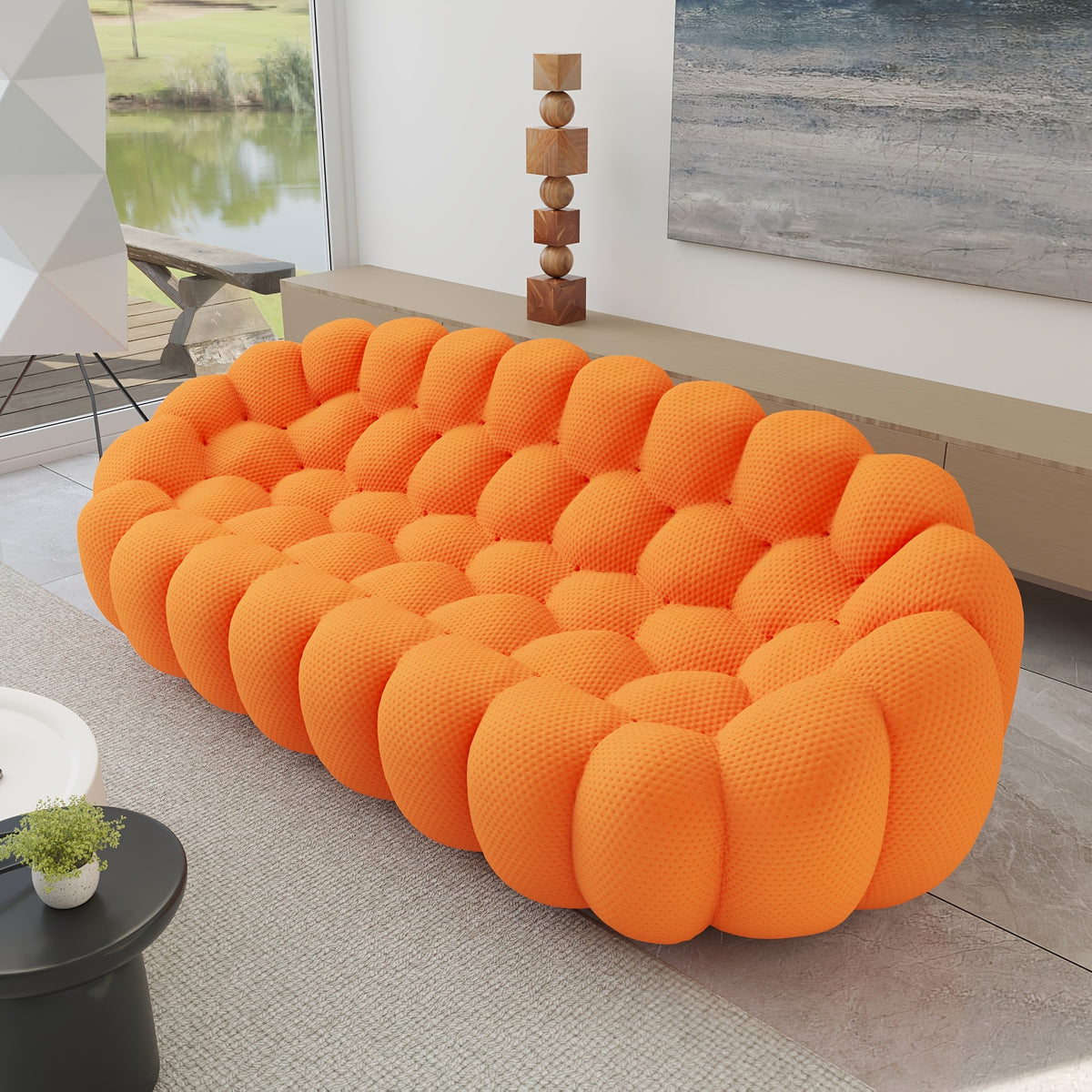 100.03'' Modern Upholstered Curved Sofa, 3 Seater Mesh Fabric Floor Sofa, 3D Honeycomb Shape Curved Couch for Living Room