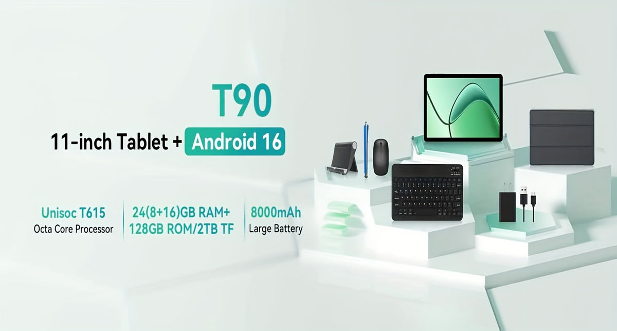 TABWEE T90 Android 16 New 2025 Tablet, 11-inch FHD Large Screen+1200x1920 IPS Display, Octa-Core High-Performance CPU, 24(8+16)GB RAM +128GB ROM(2TB Expand), 3MP+5MP Camaras/Face ID, 8000mAh Long Battery Life, Support Widevine L1, Gemini AI, And 90Hz