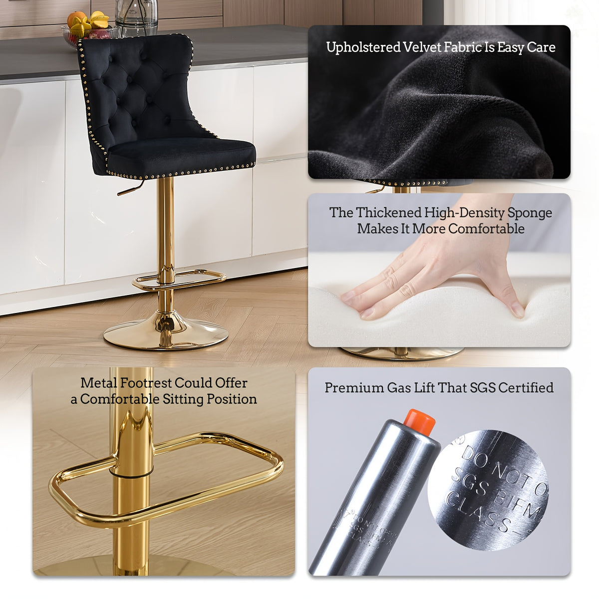 DMKAI Golden Lion Head Velvet Bar Stools Set Of 2, Luxury Diamond Tufted High Back, Adjustable Height 360° Swivel with Golden Base for Kitchen Island Home Bar