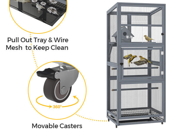 68.3''Enclosure Wood Tilted Flat Top Floor Bird Cage Equipped with Stand and Wheels