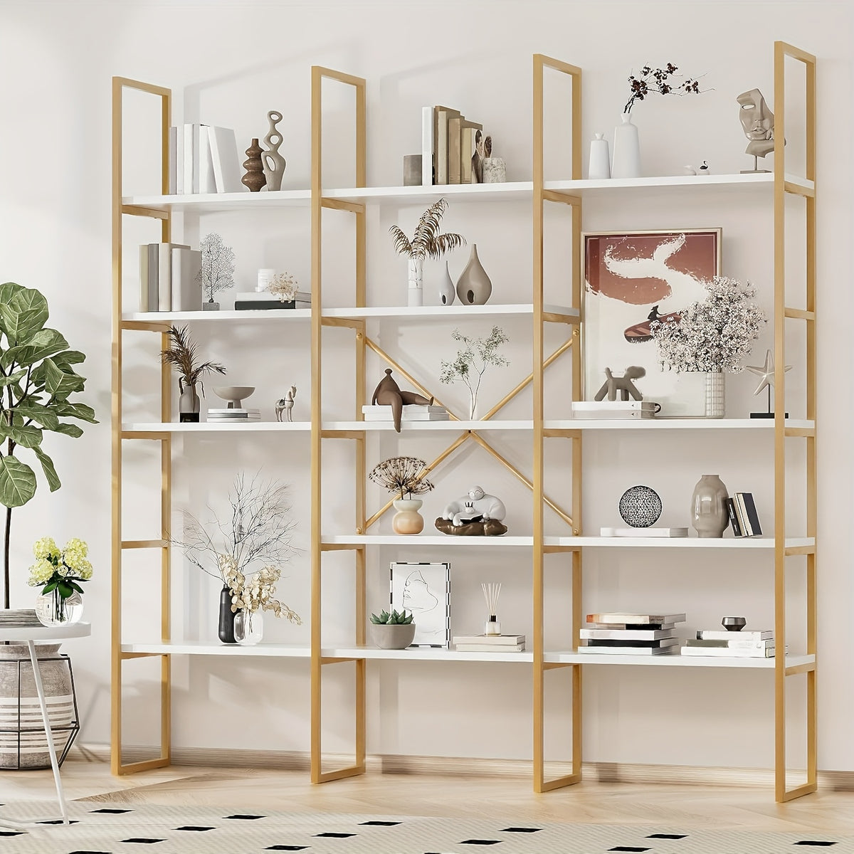 5-Tier Triple Wide Geometric Bookshelf, Industrial Etagere with Sturdy Metal Frame, 71" Tall Freestanding Display Shelving Unit, Modern Design for Home& Office