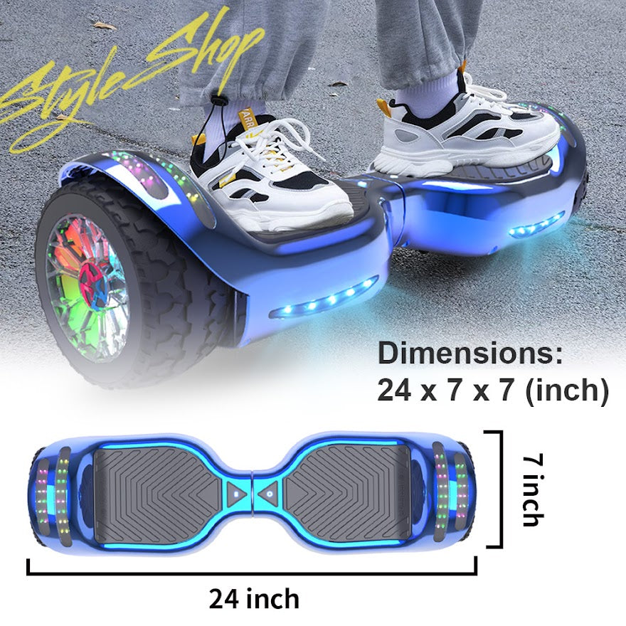 6.5-Inch Hoverboard with 10-Mile Range and 7 MPH Top Speed, Self-Balancing Electric Scooter with Dual Motors, Portable Design and Smooth Riding Performance. The compact 6.5-inch wheels provide responsive handling and easy control, while the rechargeable b