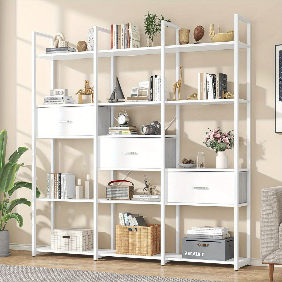 A 73.6-Inch Tall Bookshelf Featuring Three Drawers And Sixteen Storage Shelves, This Industrial Bookcase Includes Sixteen Open Display Shelves, Making It a Spacious Etagere Bookshelf, Perfect for Home And Office Use, in White