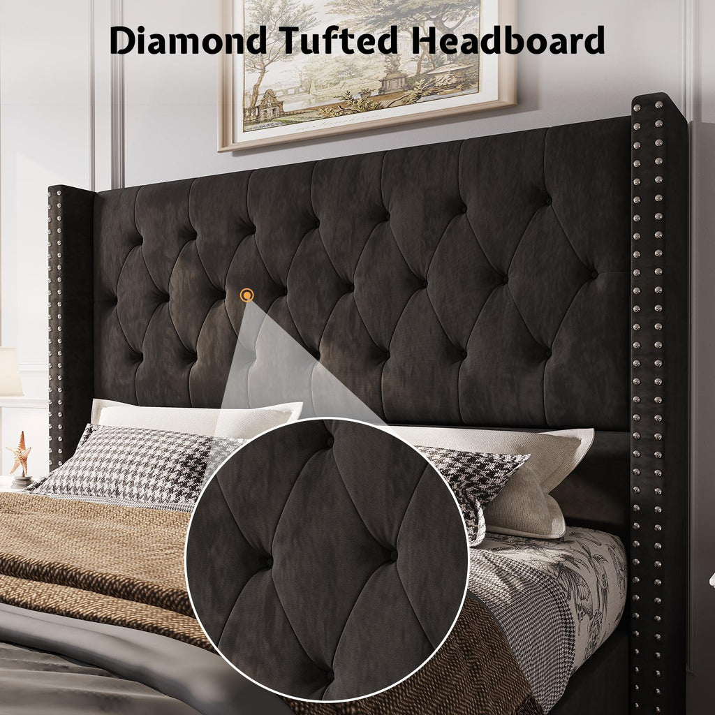 ALBOTT Upholstered Platform Bed Frame with 50 Inch Velvet Wingback Headboard, Button Tufted and Nailhead Trim, No Box Spring Needed, Easy Assembly